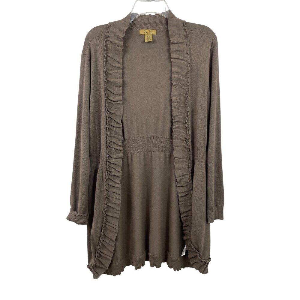 Valerie Stevens Sweater Long Brown Cardigan Open Front Ruffle Hem Womens Large